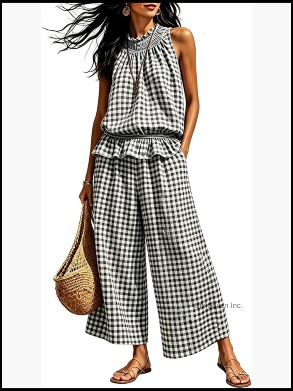 Women's 2 Piece Gingham Sleeveless Ruffle Top & Wide Leg Pants Set Summer Beach